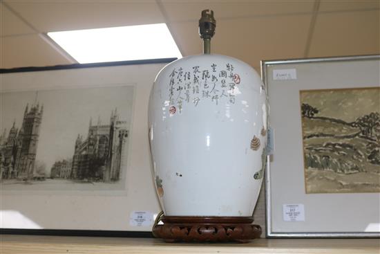 A Chinese famille rose antiques jar and cover, early 20th century, converted to lamp